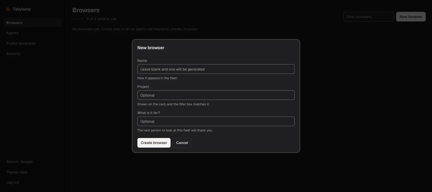 A fresh Tallylamp dashboard with no browsers and the New browser dialog open.